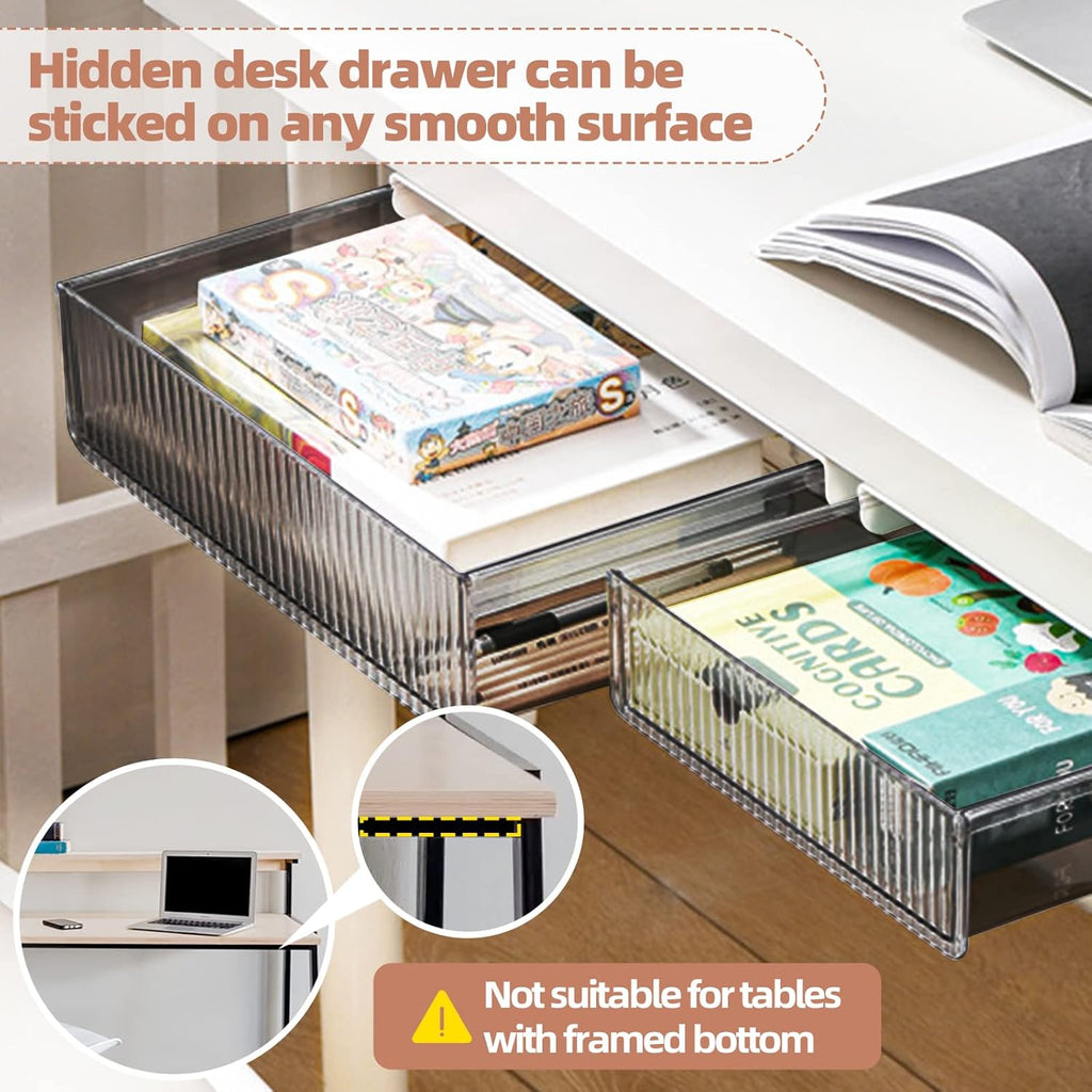 2Pcs Under Desk Storage Drawers Slide Out,Large&Medium, Stick On Desk Drawer Under Desk,Under Desk Organizer Hidden Under Table Drawer for Home Office School Organization and Storage-Transparent Black