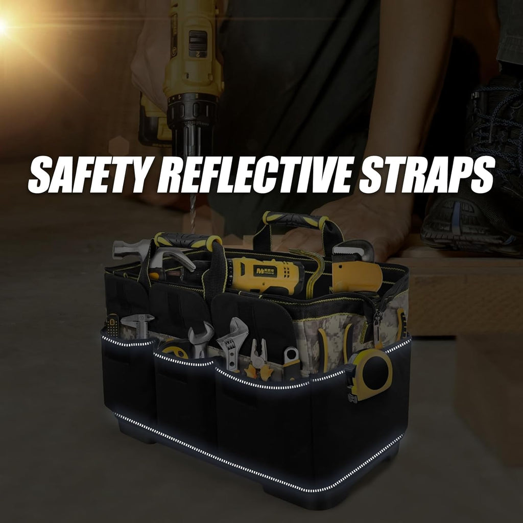 Hard Bottom Tool Bag, Electrician Tool Bag, 18 inch Tool Bag Organizer, 1680D Open Top Tool Bag,Tool Bags for Men Heavy Duty, Electrical Mechanic Reflective Waterproof Wide Mouth Tool Bag