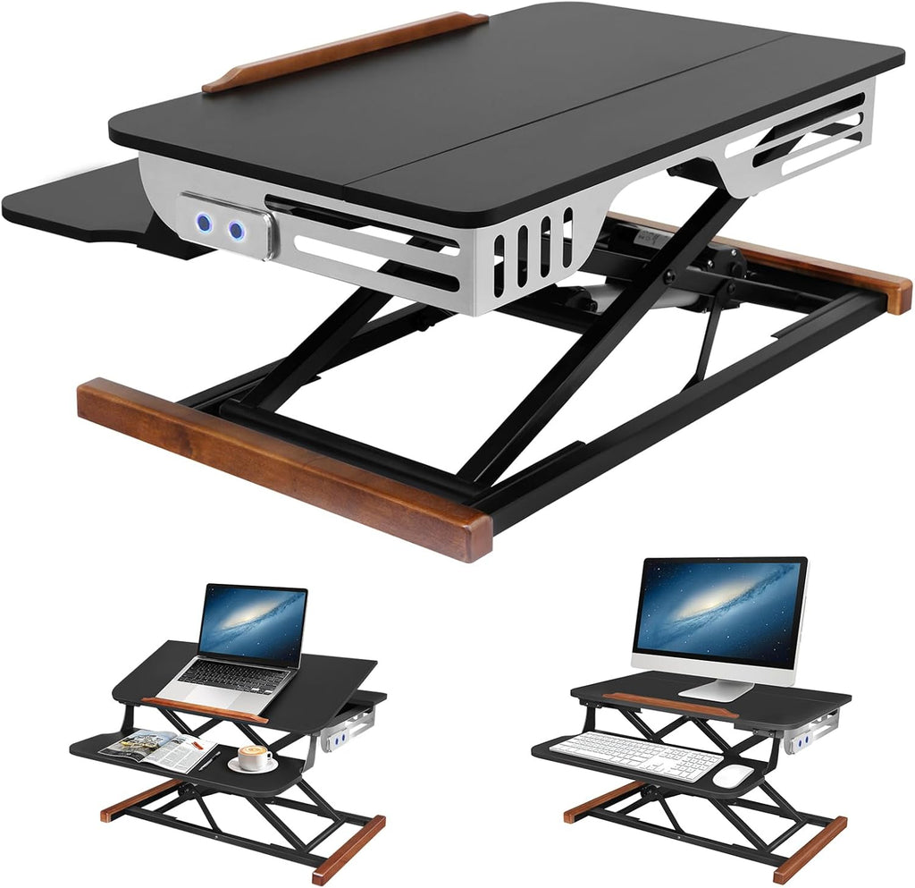 26 Inch Electric Standing Desk Converter with Tilting Tabletop, Height Adjustable Sit to Stand Desk Riser with Keyboard Tray, Small Computer Workstation with Elegant Side Cover and Wooden Bars