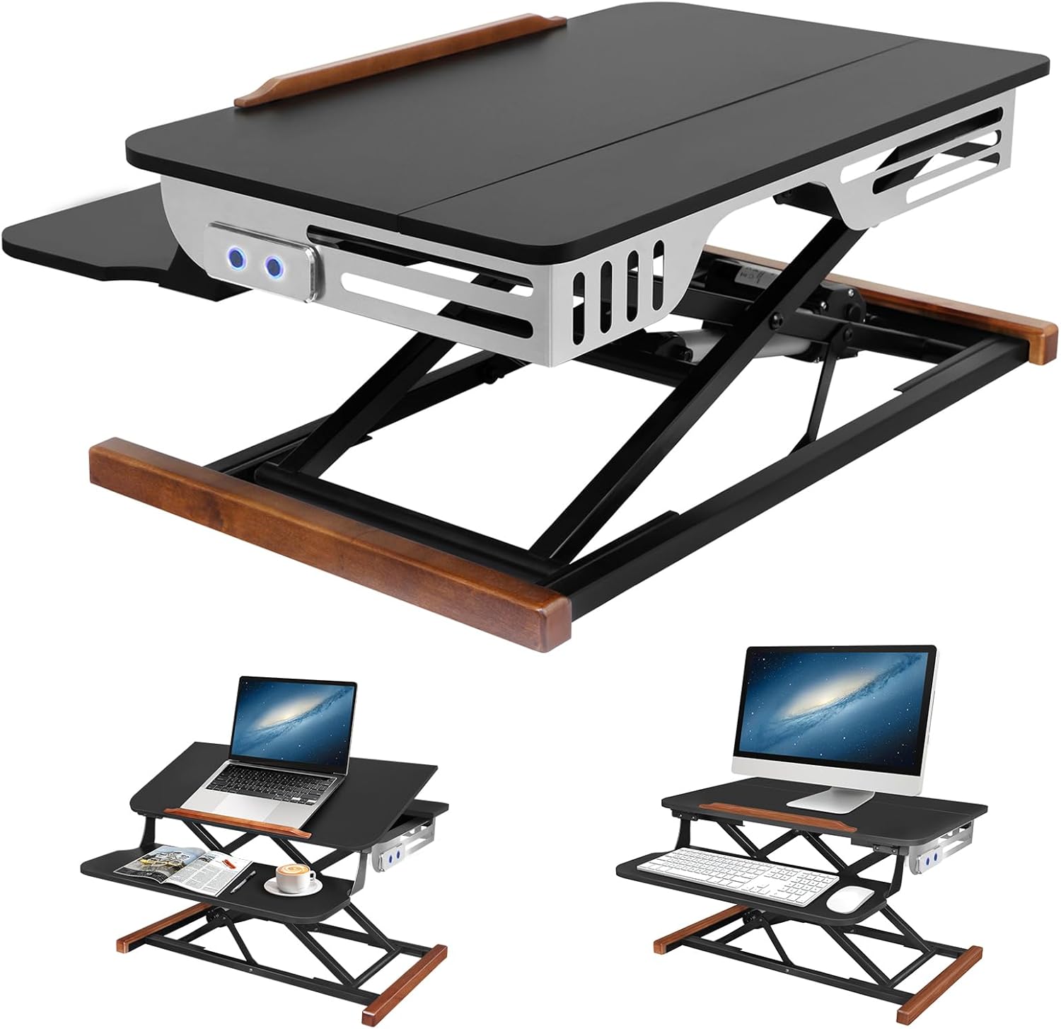 26 Inch Electric Standing Desk Converter with Tilting Tabletop, Height Adjustable Sit to Stand Desk Riser with Keyboard Tray, Small Computer Workstation with Elegant Side Cover and Wooden Bars