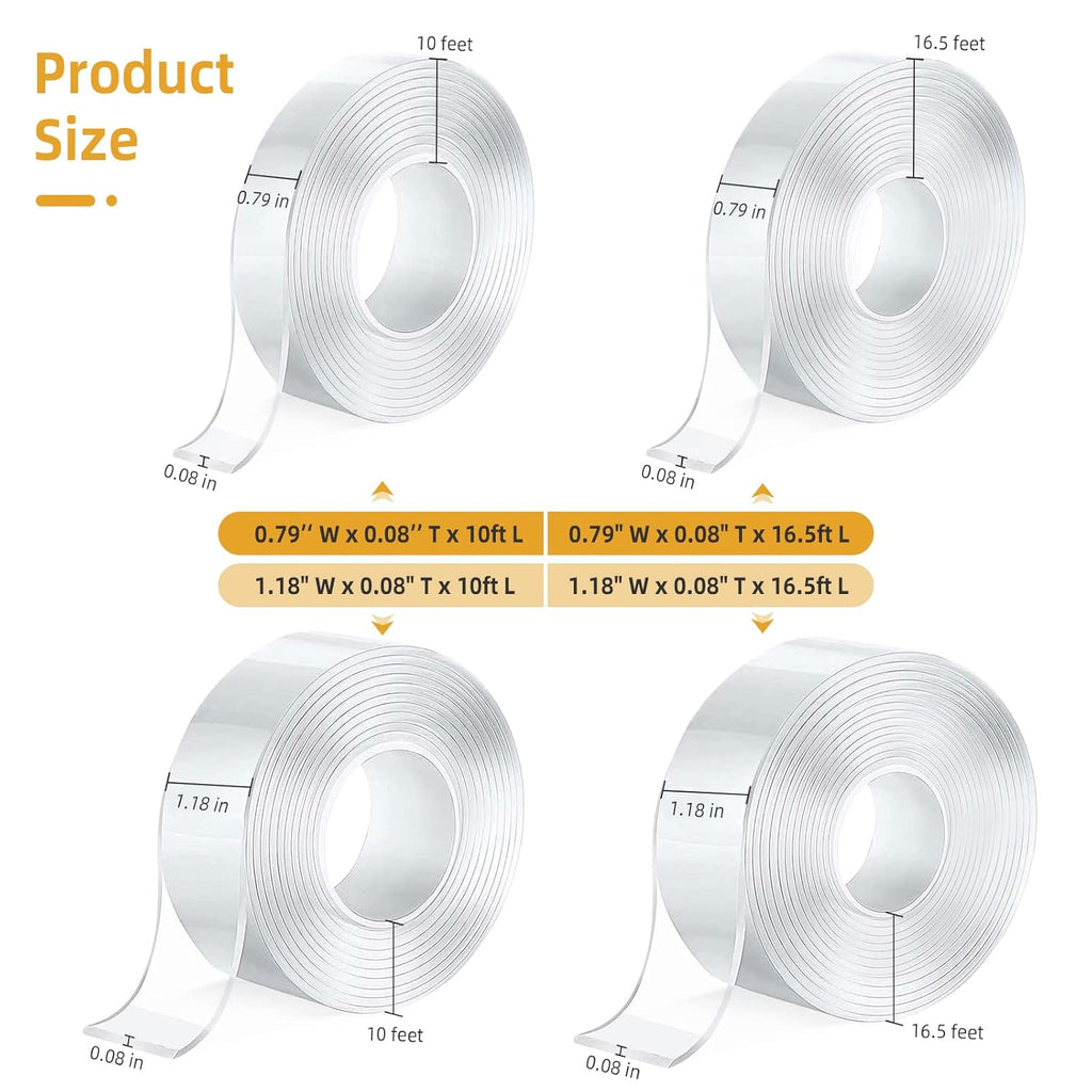 4 Pack Double Sided Tape Heavy Duty, 10Ft x 1.18" Width, 40Ft Double Sided Tape for Walls, 0.08" Thick Removable Mounting Tape, Transparent Nano Double Sided Tape, Clear Double Sided Tape