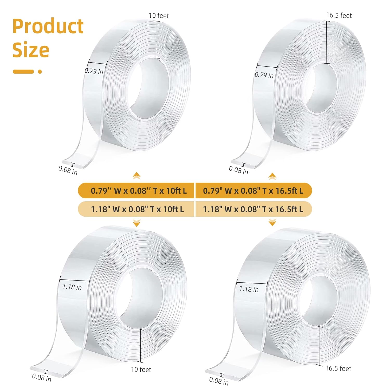 4 Pack Double Sided Tape Heavy Duty, 10Ft x 1.18" Width, 40Ft Double Sided Tape for Walls, 0.08" Thick Removable Mounting Tape, Transparent Nano Double Sided Tape, Clear Double Sided Tape
