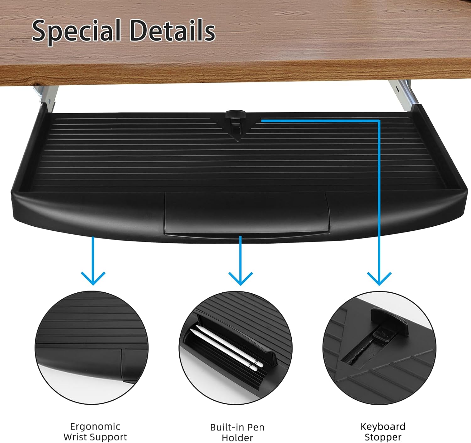 22"Wx11"D Under Desk Keyboard Tray Slide Out, Pull Out Keyboard Tray for Desk with Pen Holder, Sturdy Keyboard Shelf Under Desk, Black Keyboard Drawer Desk Extender