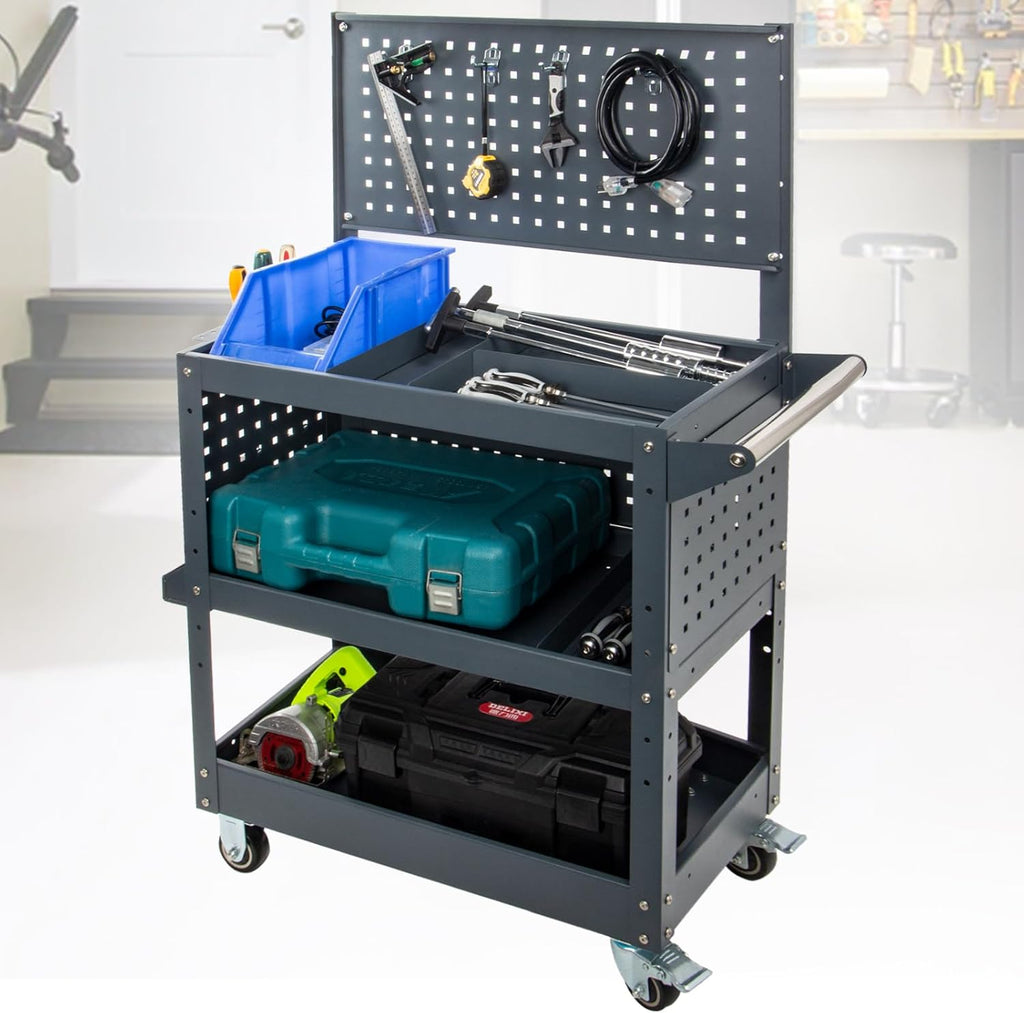 Mechanic Tool Cart with Pegboard, 49"x29"x15", 880 lbs Capacity, 3 Tier Rolling Tool Cart with Wheels, 4 Dividers, 3 Mesh Panels, Screwdriver Shelf, Hanging Tray – Tool Cart for Garage and Mechanics