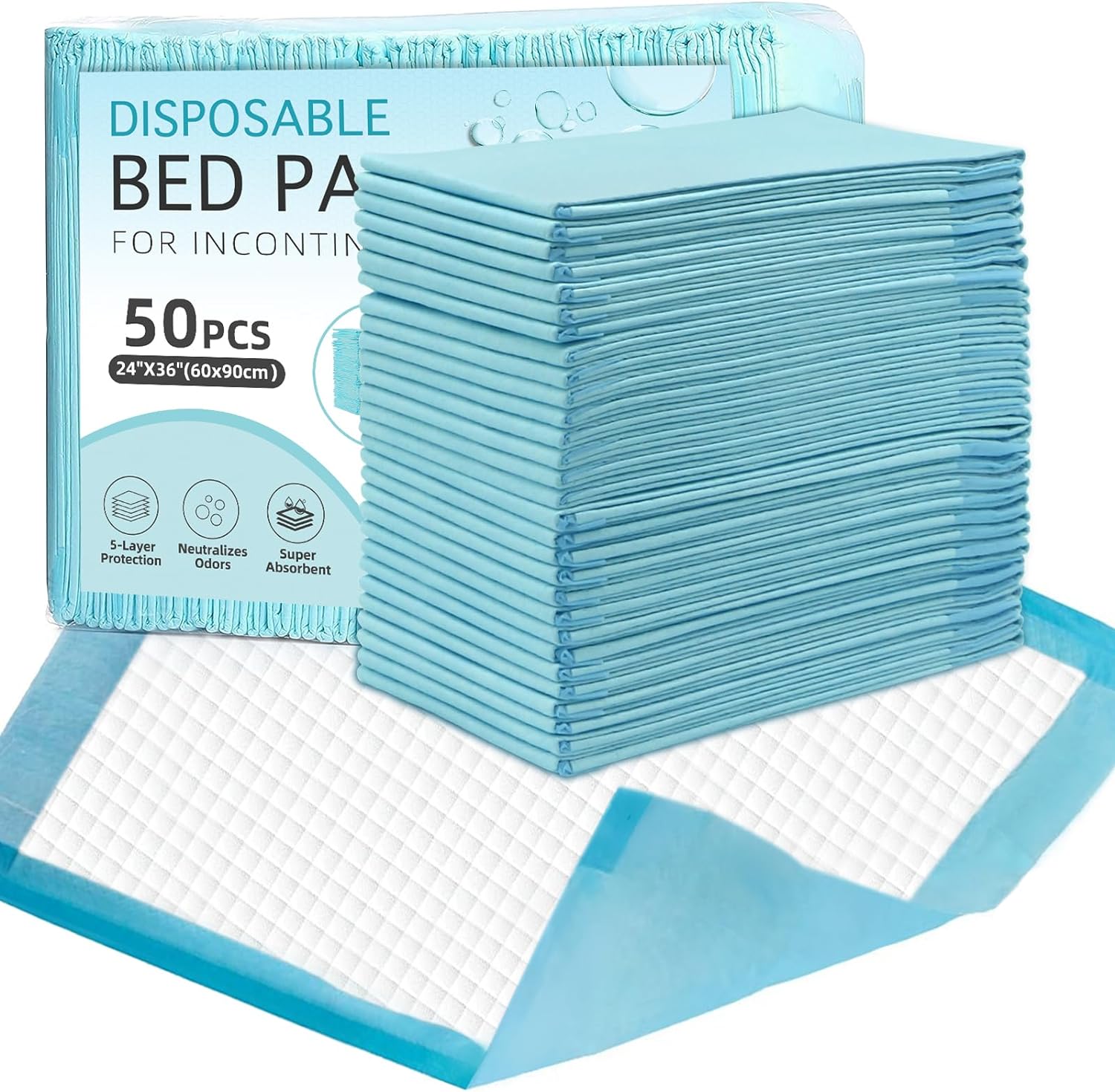 Bed Pads Disposable-Pads for Incontinence Adults,Underpads Disposable Heavy Duty,Disposable Diaper Changing Pads ,Pee Pads Extra Large,Pads for Beds 24"x36"Premium Thicker Pack of 50