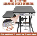 Electric Standing Desk Converter with Keyboard Tray, 26x16 Inch, Height Adjustable Sit to Stand Desk Riser with Unique Side Cover and Wooden Feet, Small Motorized Monitor Riser for Office & Home