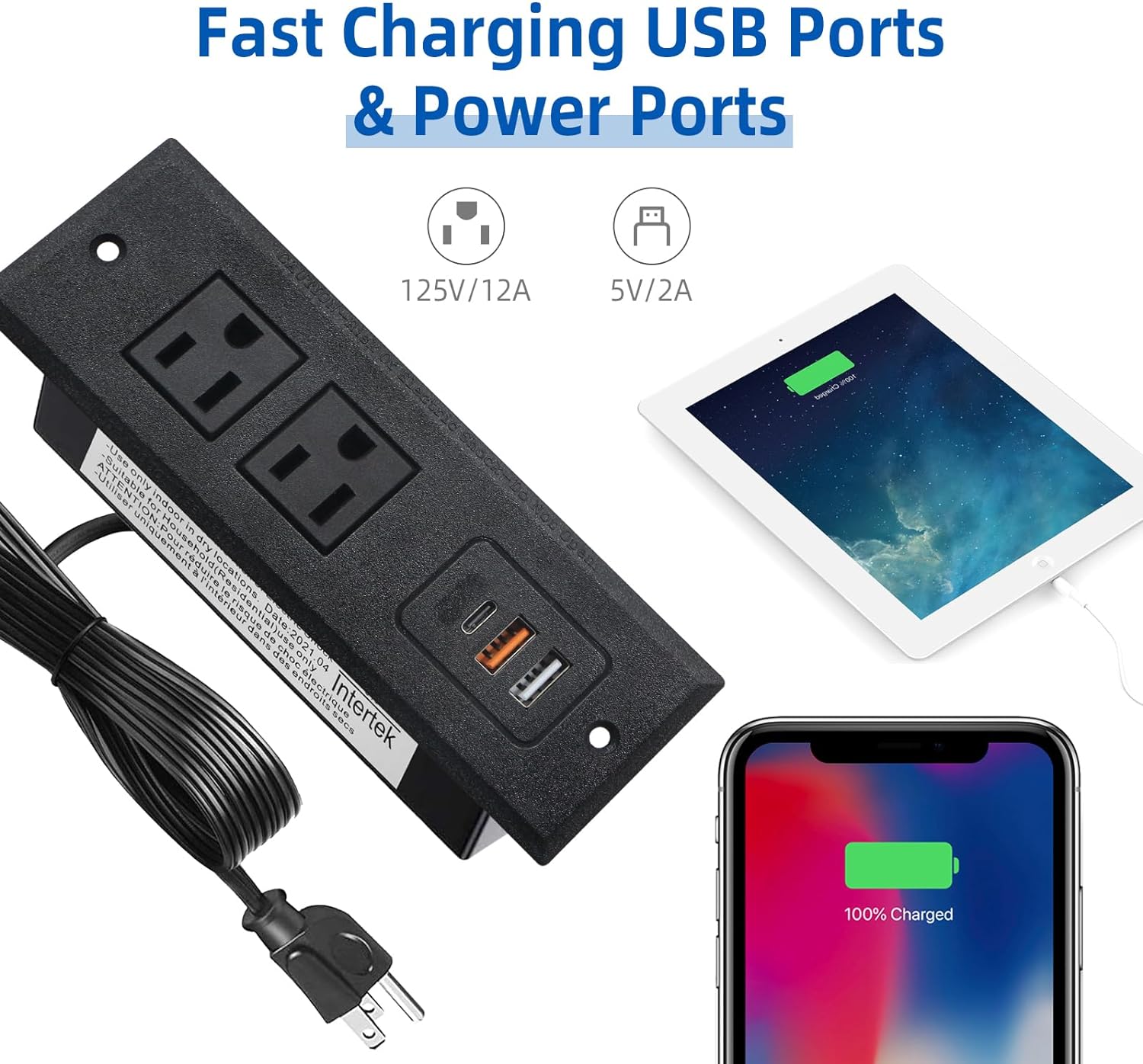 TOOCUST Recessed Power Strip with USB C Port, Desk Outlet with 3 USB Ports, Conference Drawer Outlet with 2 AC Plugs, Hidden Recessed Power Outlet Socket 6.56ft