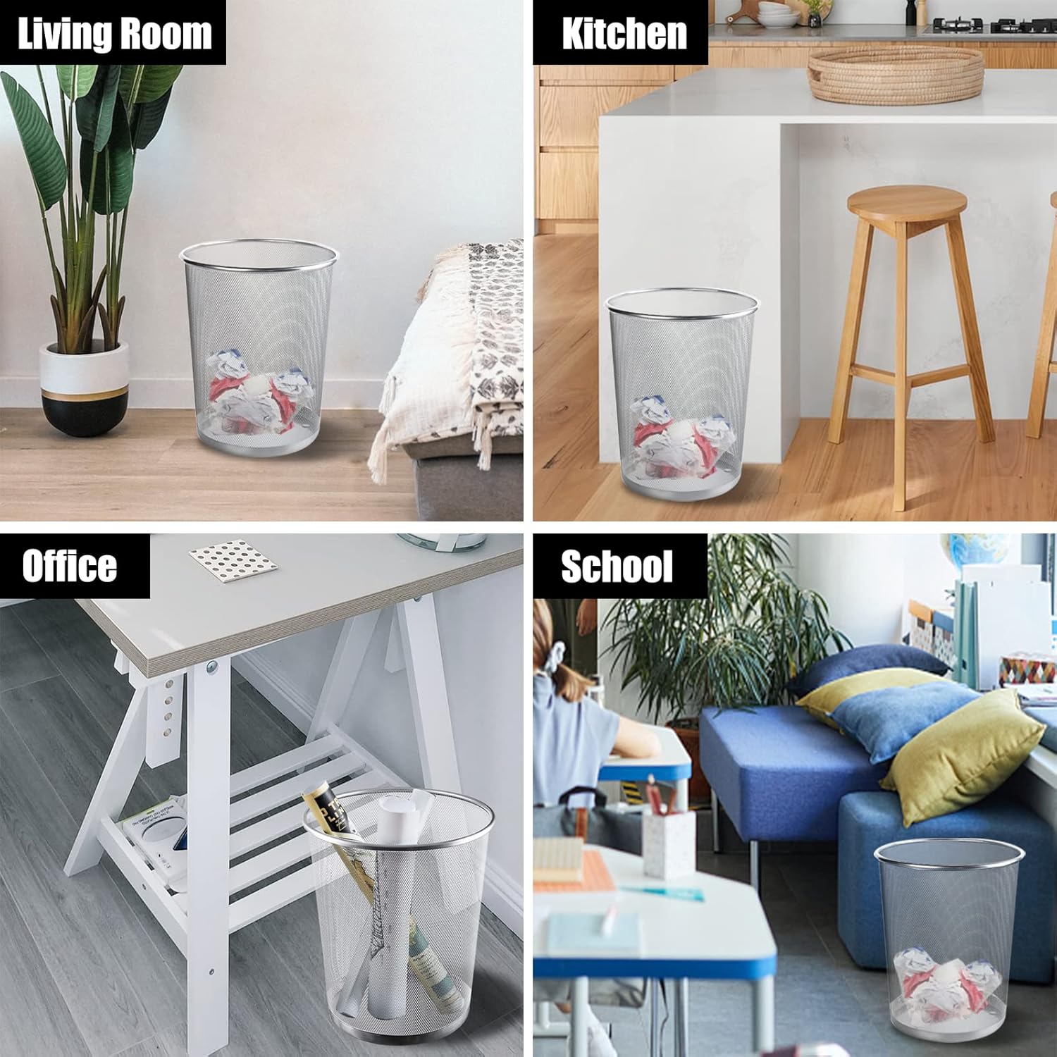 Silver Mesh Trash Cans,10-Pack 6 Gal Mesh Office Trash Can,Open Metal Wire Wastebaskets, Waste Basket Trash Can for Near Desk, Small Garbage Can,Recycling Garbage Container Bin for Office&Home