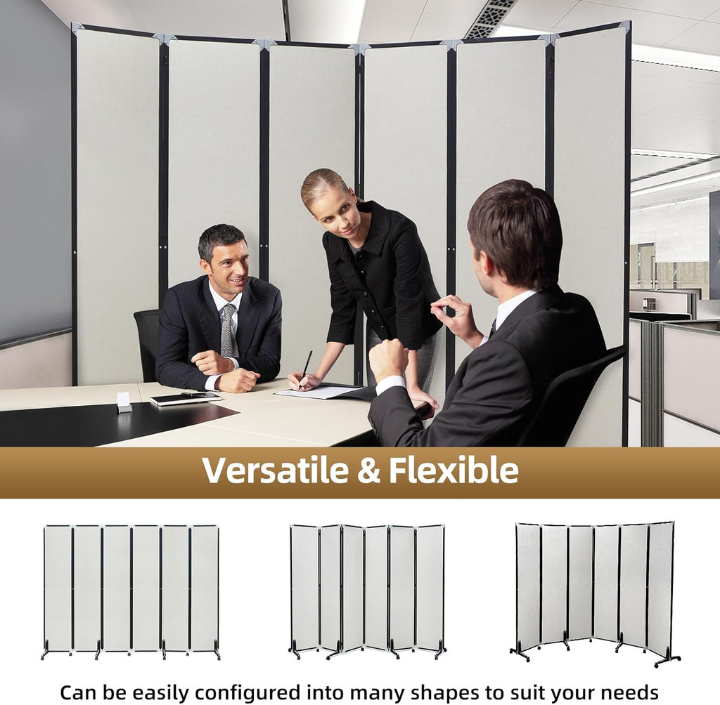 Room Divider with Wheels Solid Bamboo Panels 6 Feet Tall Extra Wide, Noise Reducing & Durable Office Partition, 6 Panel Large Room Screen Divider Freestanding for Home Office School, 96" W x 73" H
