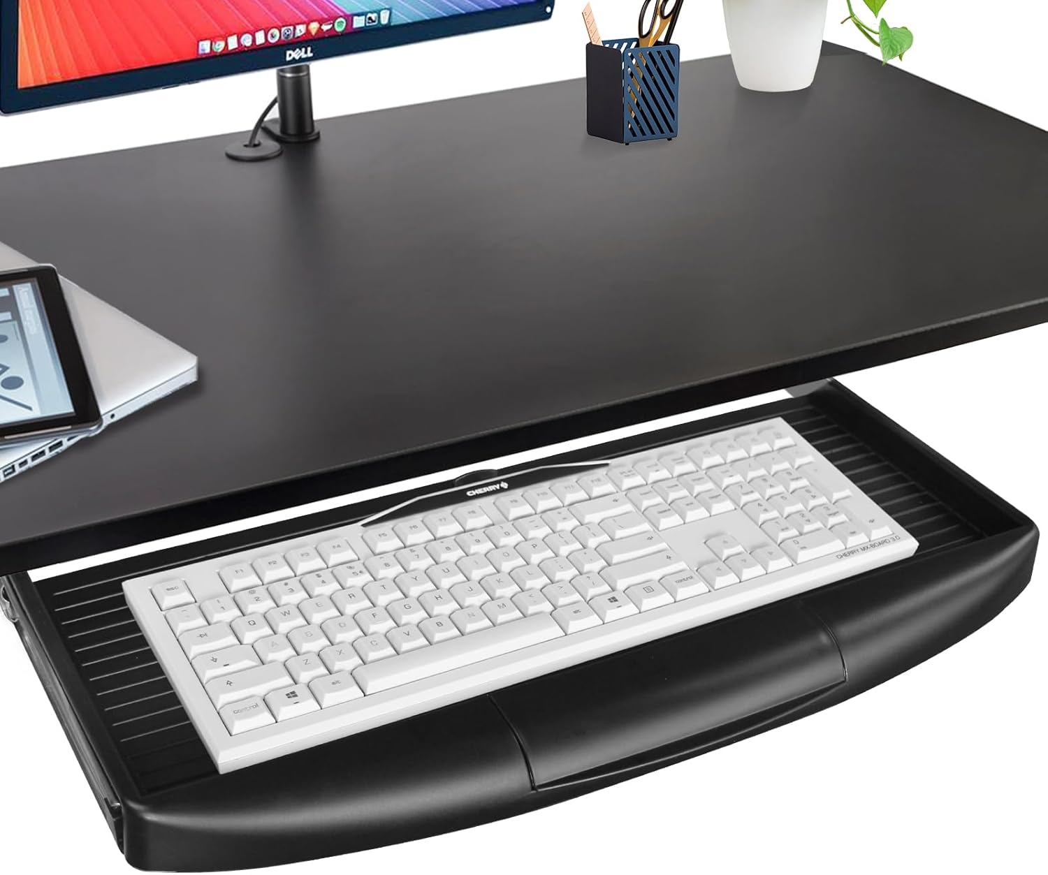 22"Wx11"D Under Desk Keyboard Tray Slide Out, Pull Out Keyboard Tray for Desk with Pen Holder, Sturdy Keyboard Shelf Under Desk, Black Keyboard Drawer Desk Extender
