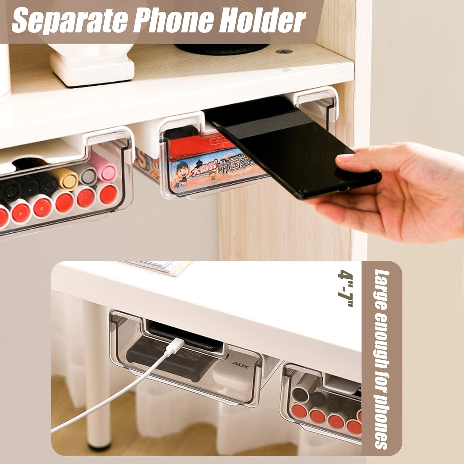 2 Pack Under Desk Drawer Slide Out, Large & Medium, Drill-On or Self-Adhesive Desk Drawer Under Desk Storage, Under Desk Organizer Under Table Drawer for Home Office School Organization and Storage