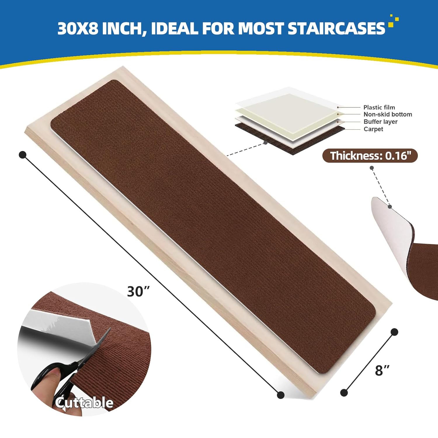 Non-Slip Stair Treads, 8" X 30" 16 Pack, Reusable Self-Adhesive Stair Runner Carpet, Carpet Treads for Wood Stairs, Carpet Runner for Stairs, Stair Carpet Strips, Stair Pads, Brown