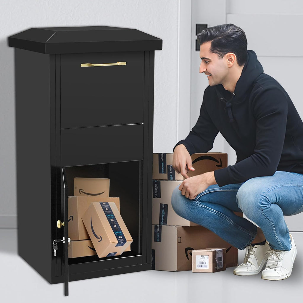 Extra Large Package Delivery Boxes for Outside, 17.6" x 15.7" x 39", 2.7 ft3 Storage Parcel Drop Box with Lock, Secure Delivery Box for Porch, Anti-Theft Lockable Parcel Drop Boxes for Outside, Black