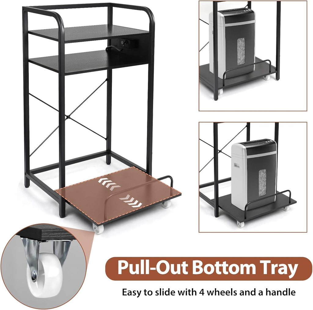 3-Tier Printer Stand with Pull out Shelf for Shredder,20" L x 14" W x 34" H Floor-Standing Desk Side Shredder Stand,Printer Stand with Storage and Power Outlet,Office Storage Shelf Rack for Fax