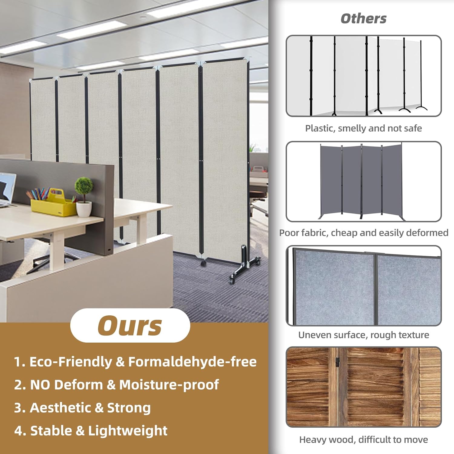 Room Divider with Wheels Solid Bamboo Panels 6 Feet Tall Extra Wide, Noise Reducing & Durable Office Partition, 6 Panel Large Room Screen Divider Freestanding for Home Office School, 96" W x 73" H