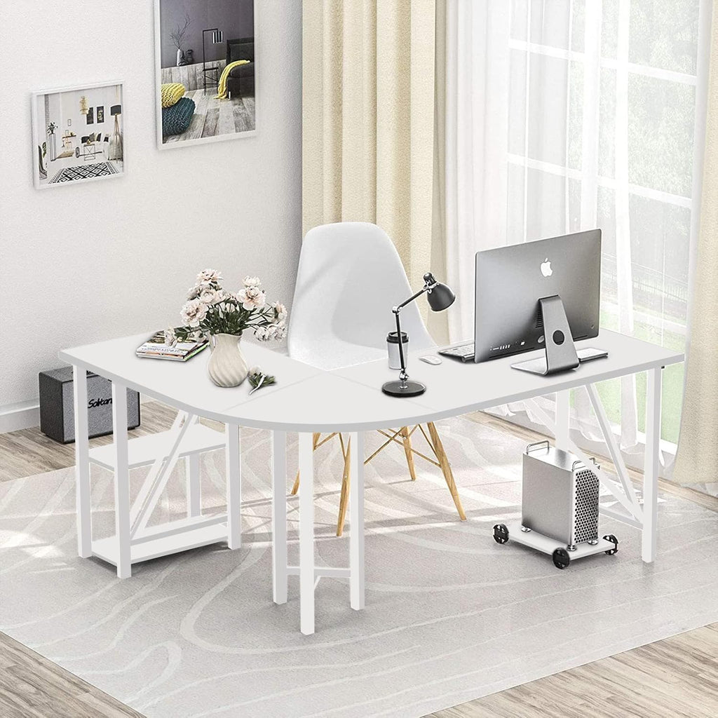 60" L Shaped Computer Desk with Shelves, Coputer Tower Stand, Rounded Corner - Reversible Office Desk with Storage Rack, Large Home Office Desk, L Desk for Home Office, White