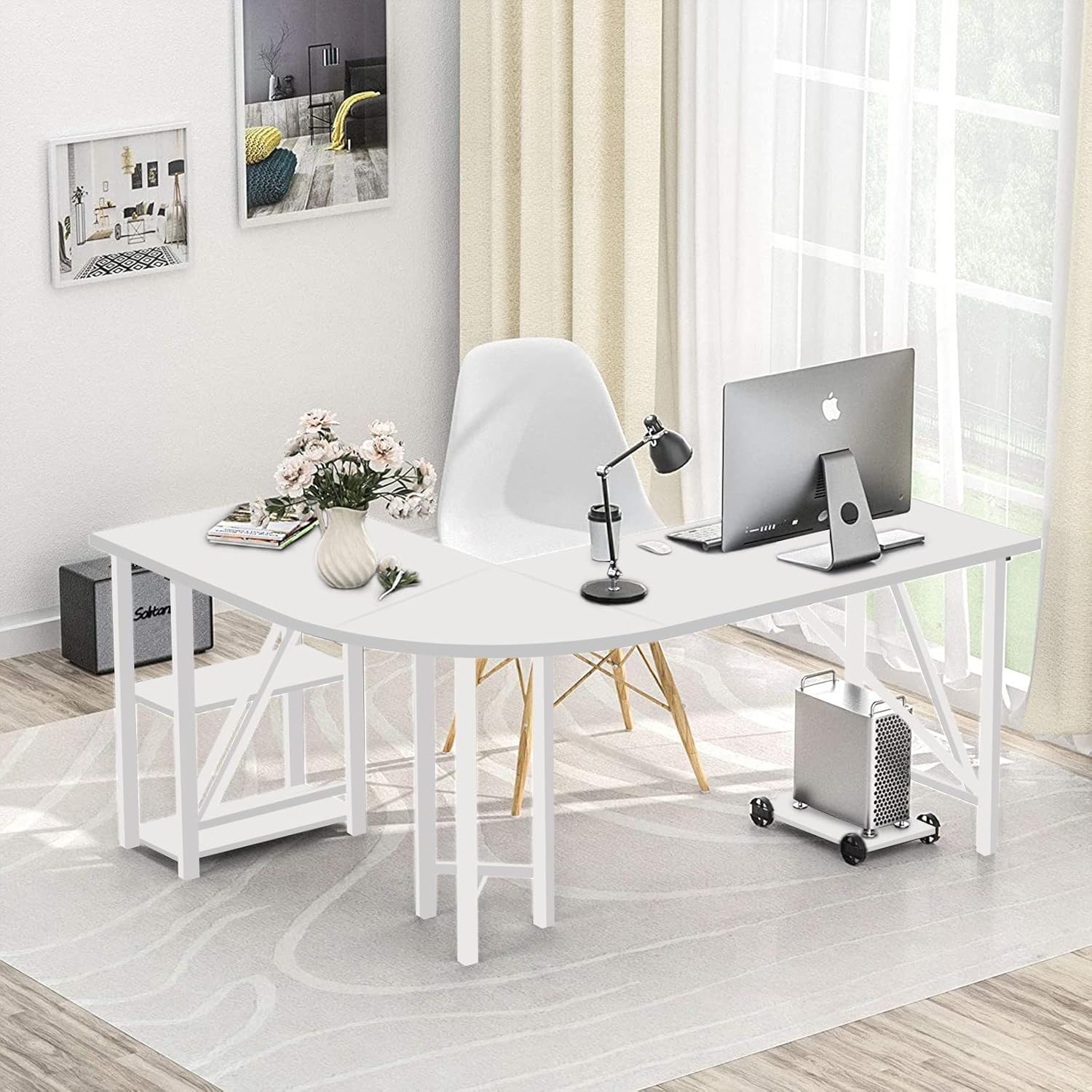 60" L Shaped Computer Desk with Shelves, Coputer Tower Stand, Rounded Corner - Reversible Office Desk with Storage Rack, Large Home Office Desk, L Desk for Home Office, White
