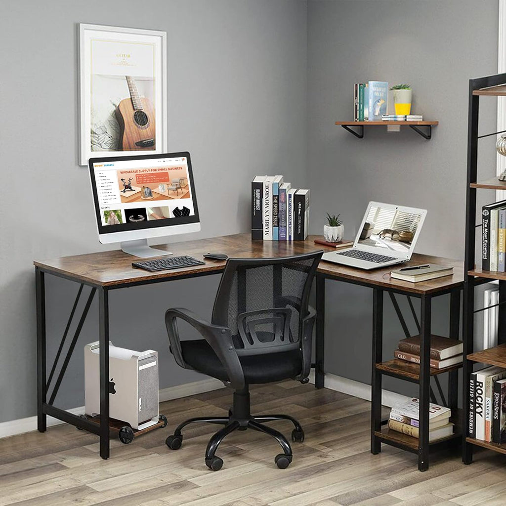 60" L Shaped Computer Desk with Shelves, Coputer Tower Stand, Rounded Corner - Reversible Office Desk with Storage Rack, Large Home Office Desk, L Desk for Home Office, Brown