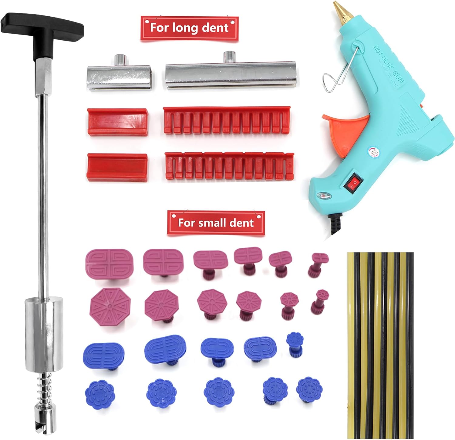 Auto Body Paintless Dent Repair Tool & 120W Hot Melt Glue Gun & Suction Tab for Large Long Dent - Dent Repair kit with Slide Hammer T bar Dent Puller Dent Removal Dent Remover