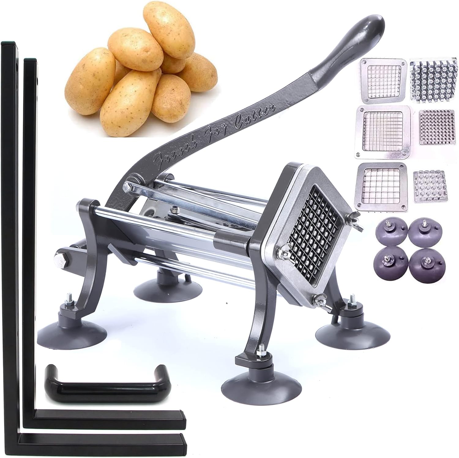 French Fry Cutter Commercial Grade Potato Slicer with Stand Suction Feet Complete Set, Includes 1/4", 3/8", 1/2", 2 Pieces L Stand
