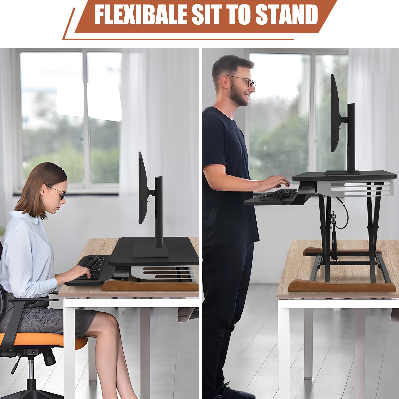 Electric Standing Desk Converter with Keyboard Tray, 26x16 Inch, Height Adjustable Sit to Stand Desk Riser with Unique Side Cover and Wooden Feet, Small Motorized Monitor Riser for Office & Home