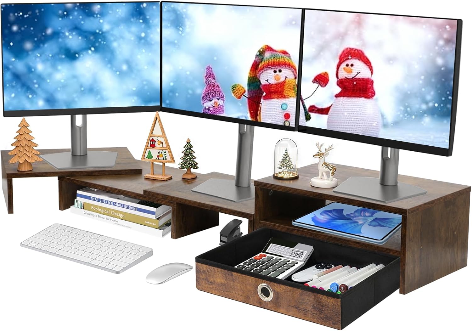 Monitor Riser for 3 Monitors - Triple Monitor Stand with Drawer