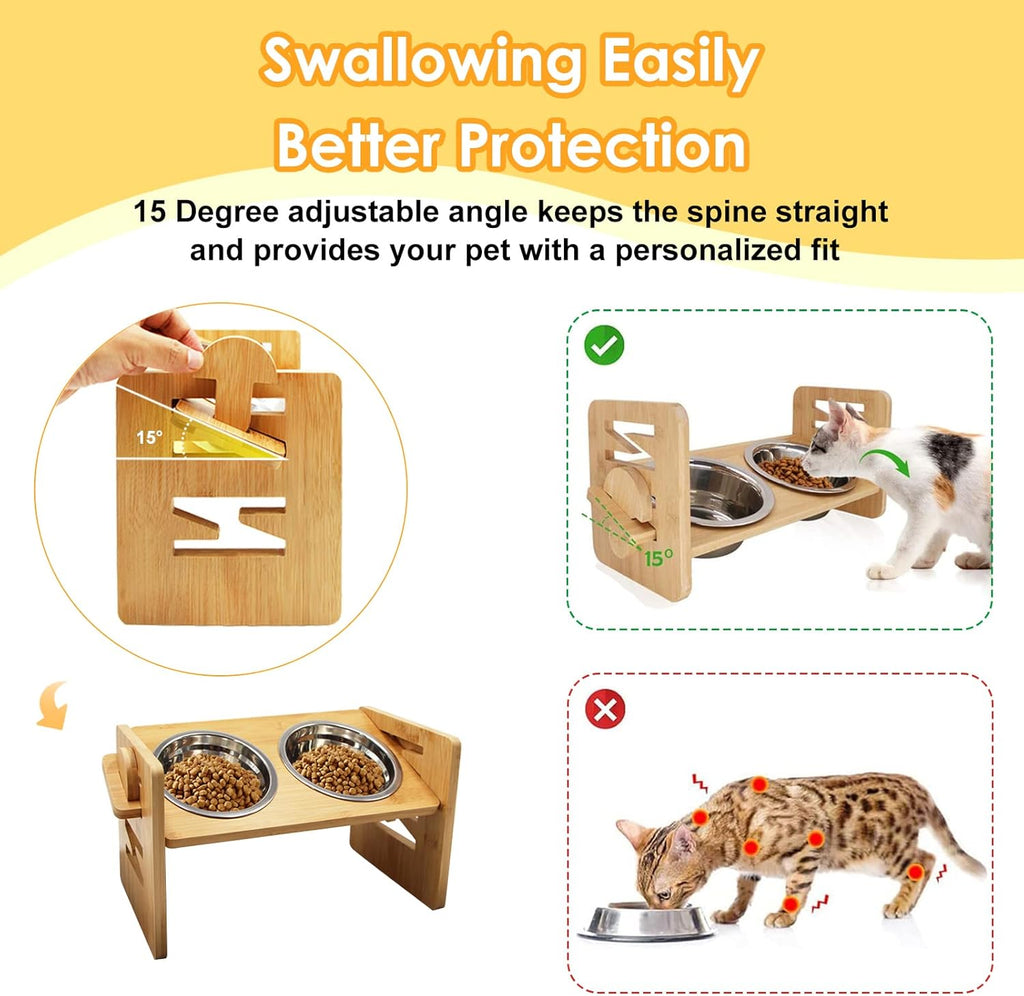 Elevated Dog Bowls for Small Dogs and Cats, Fluff Trough Adjustable Dog Bowls Stand 6 Heights 2" to 7", 15° Tilted Bamboo Dog Dishes, Wooden Dog Bowls Elevated with 2 Stainless Steel Bowls