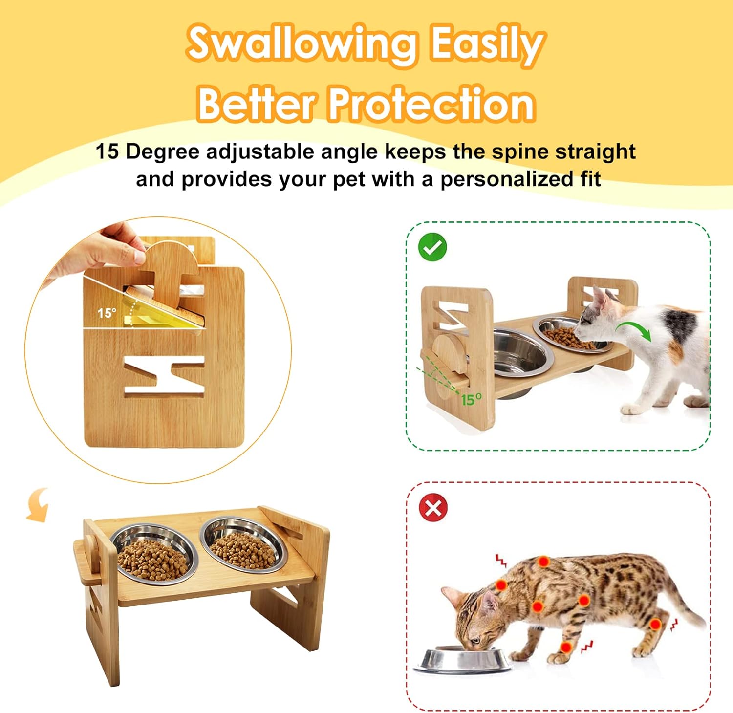 Elevated Dog Bowls for Small Dogs and Cats, Fluff Trough Adjustable Dog Bowls Stand 6 Heights 2" to 7", 15° Tilted Bamboo Dog Dishes, Wooden Dog Bowls Elevated with 2 Stainless Steel Bowls