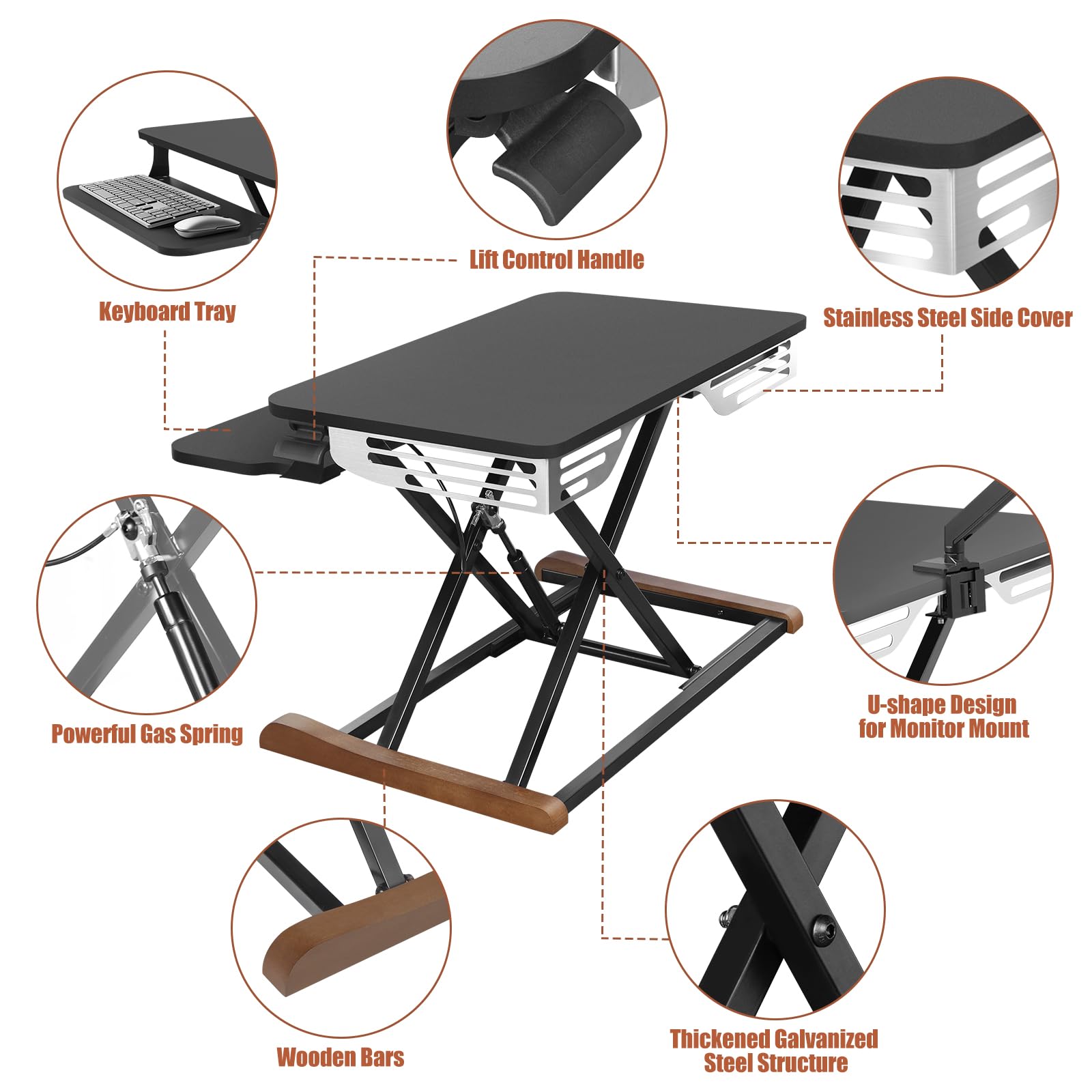 Electric Standing Desk Converter with Keyboard Tray, 26x16 Inch, Height Adjustable Sit to Stand Desk Riser with Unique Side Cover and Wooden Feet, Small Motorized Monitor Riser for Office & Home