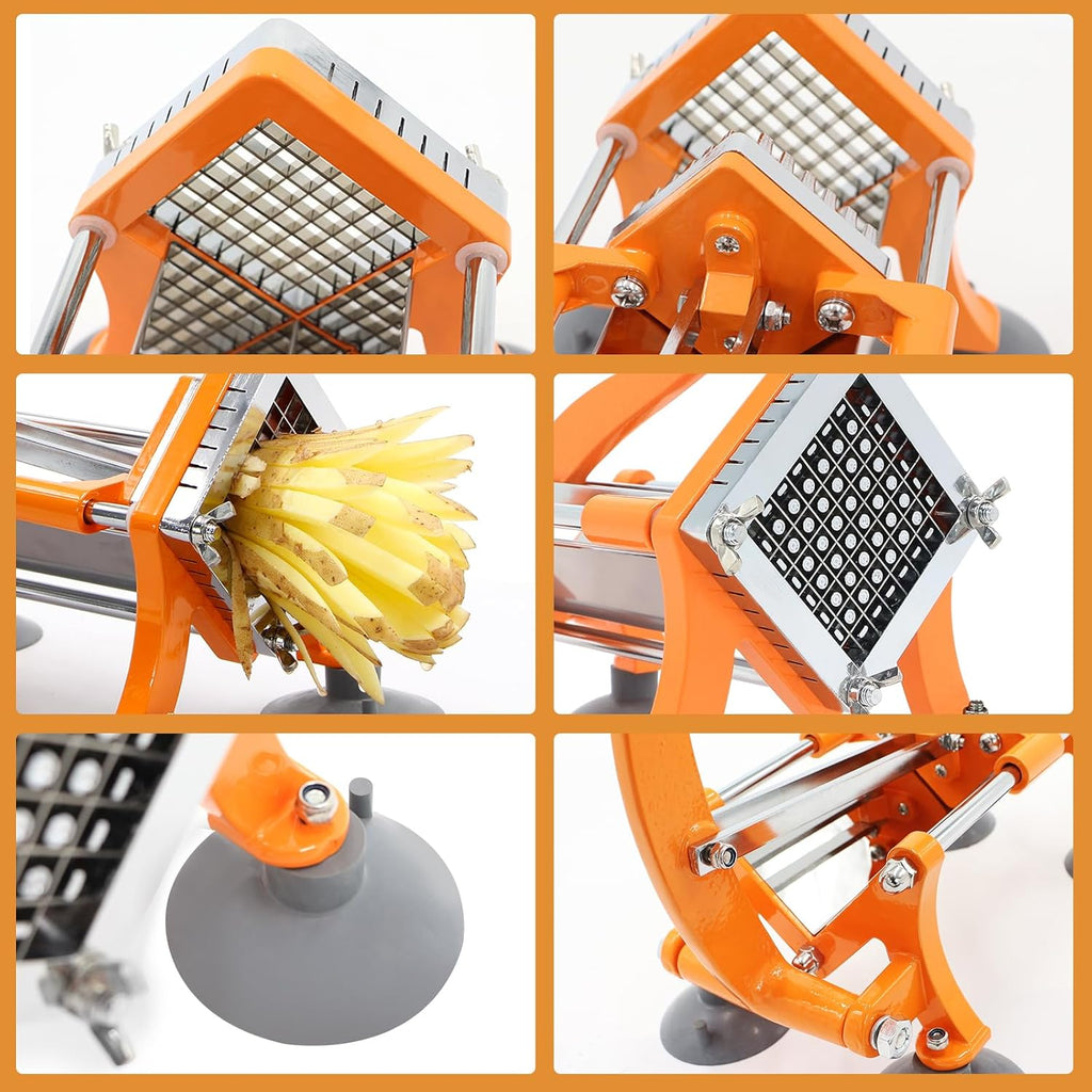 French Fry Cutter Commercial Potato Slicer with Suction Feet Complete Set, Includes 3/8", Orange