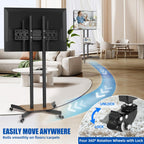 Dual-Pole Rolling Height Adjustable Floor TV Stand with Two Wooden Storage Shelves, Portable TV Cart with Max VESA 600x400mm