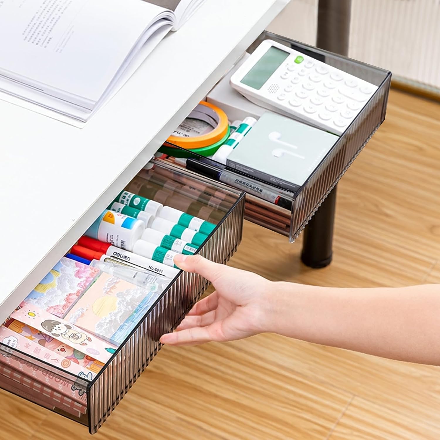 2Pcs Under Desk Storage Drawers Slide Out,Large&Medium, Stick On Desk Drawer Under Desk,Under Desk Organizer Hidden Under Table Drawer for Home Office School Organization and Storage-Transparent Black