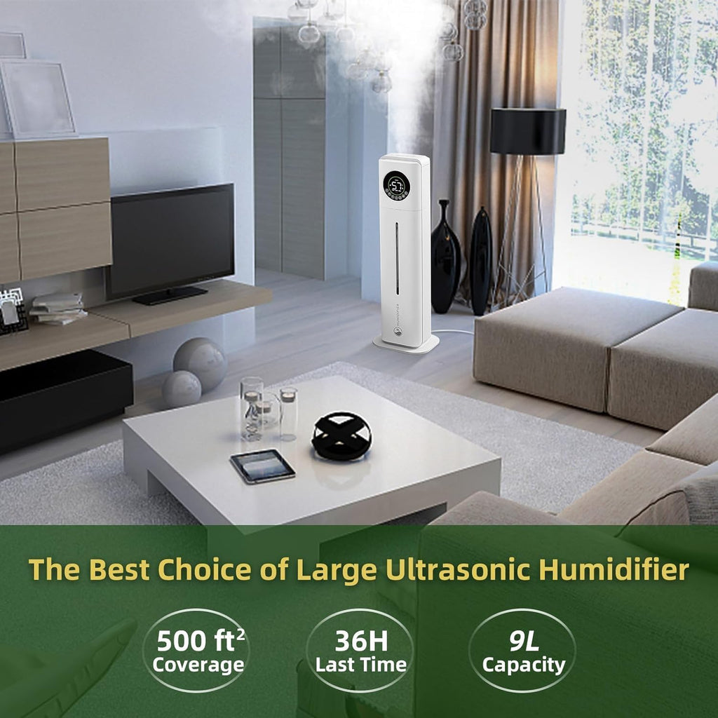 9l/2.4Gal Air Humidifier for Home, Floor Standing Humidifier for Large Room, Top Fill Humidifier with Built-in Filtration, Automatic Shut-Off, Touch & Remote Control, Essential Oil Box