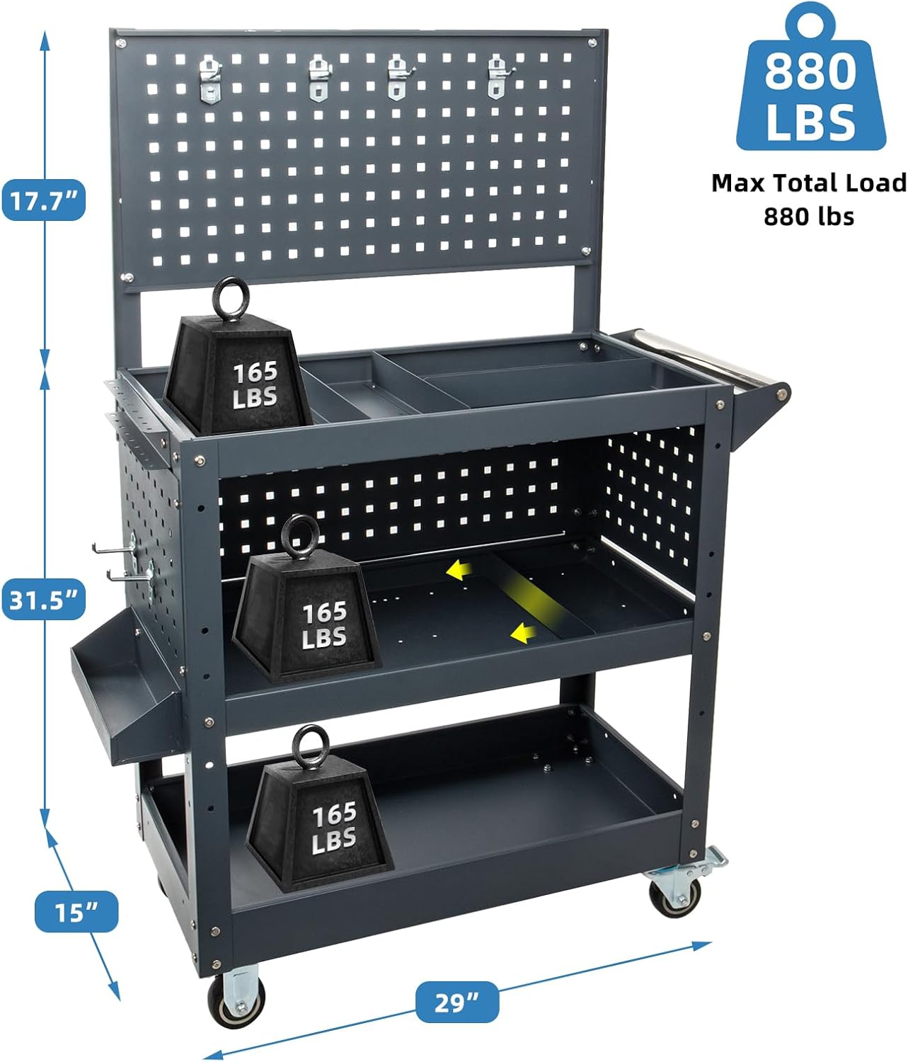 Mechanic Tool Cart with Pegboard, 49"x29"x15", 880 lbs Capacity, 3 Tier Rolling Tool Cart with Wheels, 4 Dividers, 3 Mesh Panels, Screwdriver Shelf, Hanging Tray – Tool Cart for Garage and Mechanics