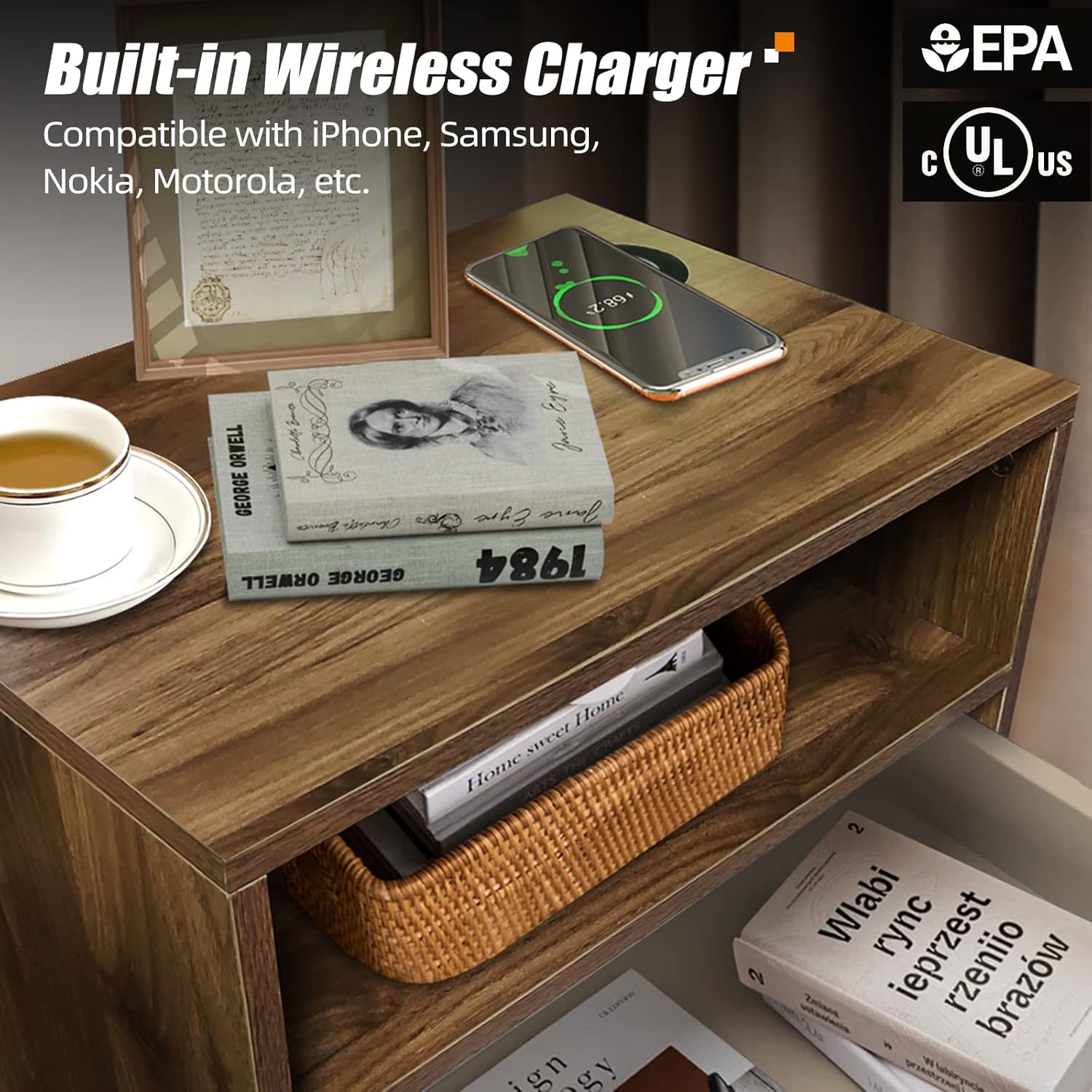 Wood Nightstand with Outlet on Right - 20" W x 14" D x 24" H End Table with Led Light and Wireless Charger, Wide Bedside Table with 1 Drawer, Mid Century Modern Nightstand, Dark Walnut