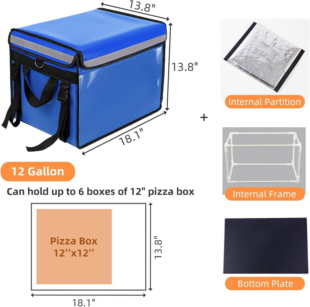 Insulated Bags For Food Delivery XL - 18.1" x 13.8" x 13.8", Commercial Insulated Food Delivery Bag w/ Divider, Waterproof & Foldable Catering Bag Food Deliveries, Delivery Pizza Bags 12 Inches, Blue