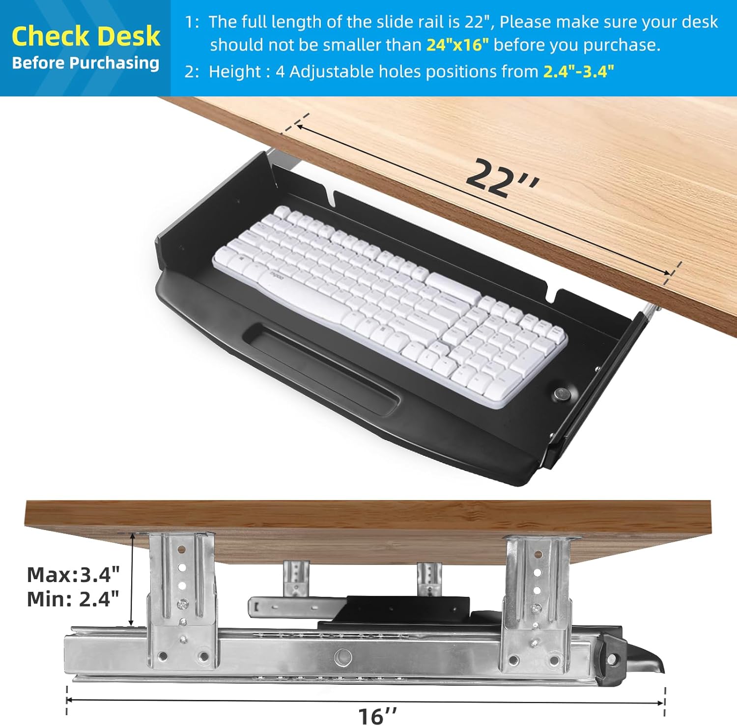 Metal Under Desk Mounted Keyboard Tray with Mouse Platform 28"Wx10"D,Steel Keyboard Tray Under Desk Slide with Rotational Mouse Platform, Black Keyboard Drawer Desk Extender