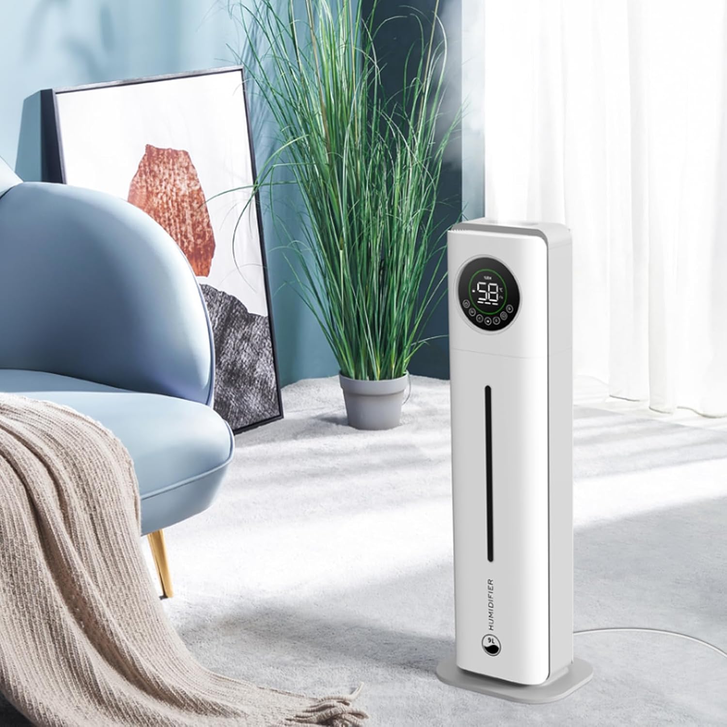 9l/2.4Gal Air Humidifier for Home, Floor Standing Humidifier for Large Room, Top Fill Humidifier with Built-in Filtration, Automatic Shut-Off, Touch & Remote Control, Essential Oil Box