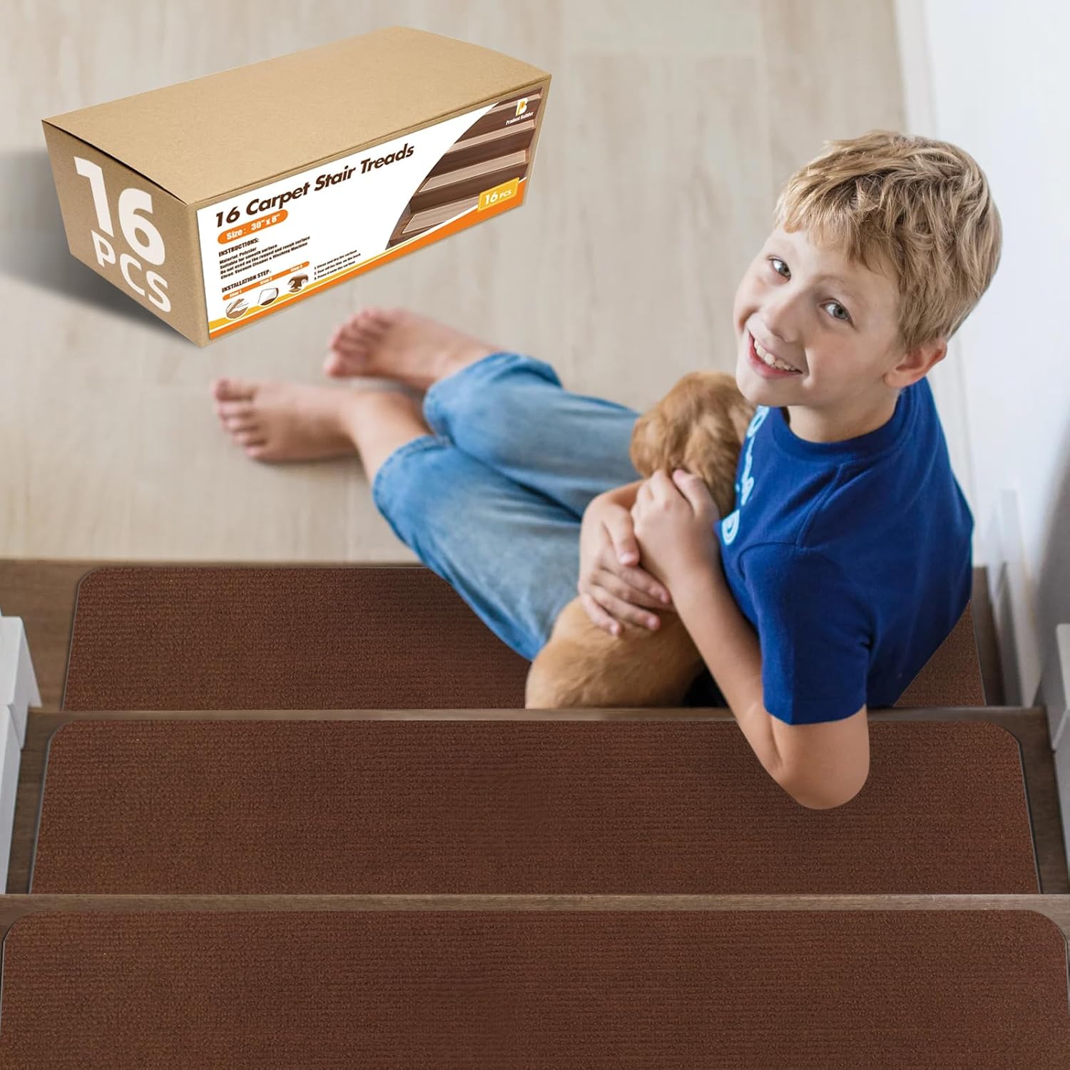 Non-Slip Stair Treads, 8" X 30" 16 Pack, Reusable Self-Adhesive Stair Runner Carpet, Carpet Treads for Wood Stairs, Carpet Runner for Stairs, Stair Carpet Strips, Stair Pads, Brown