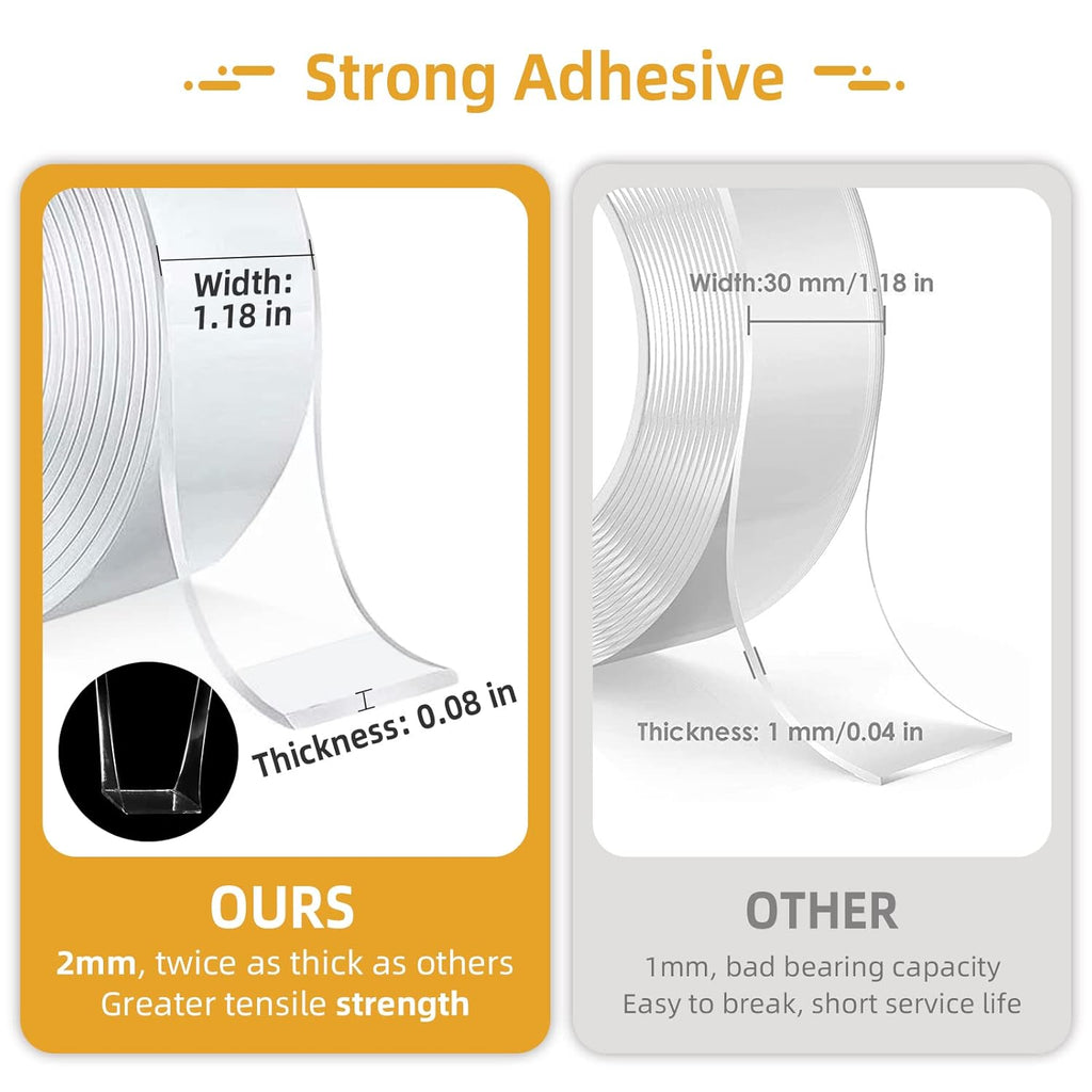 TooCust Double Sided Mounting Tape, 16.5FT x 1.18”W, Heavy Duty Double Sided Tape, Thick Picture Hanging Strip, Transparent Nano Adhesive Tape, Removable Poster Tape for Walls