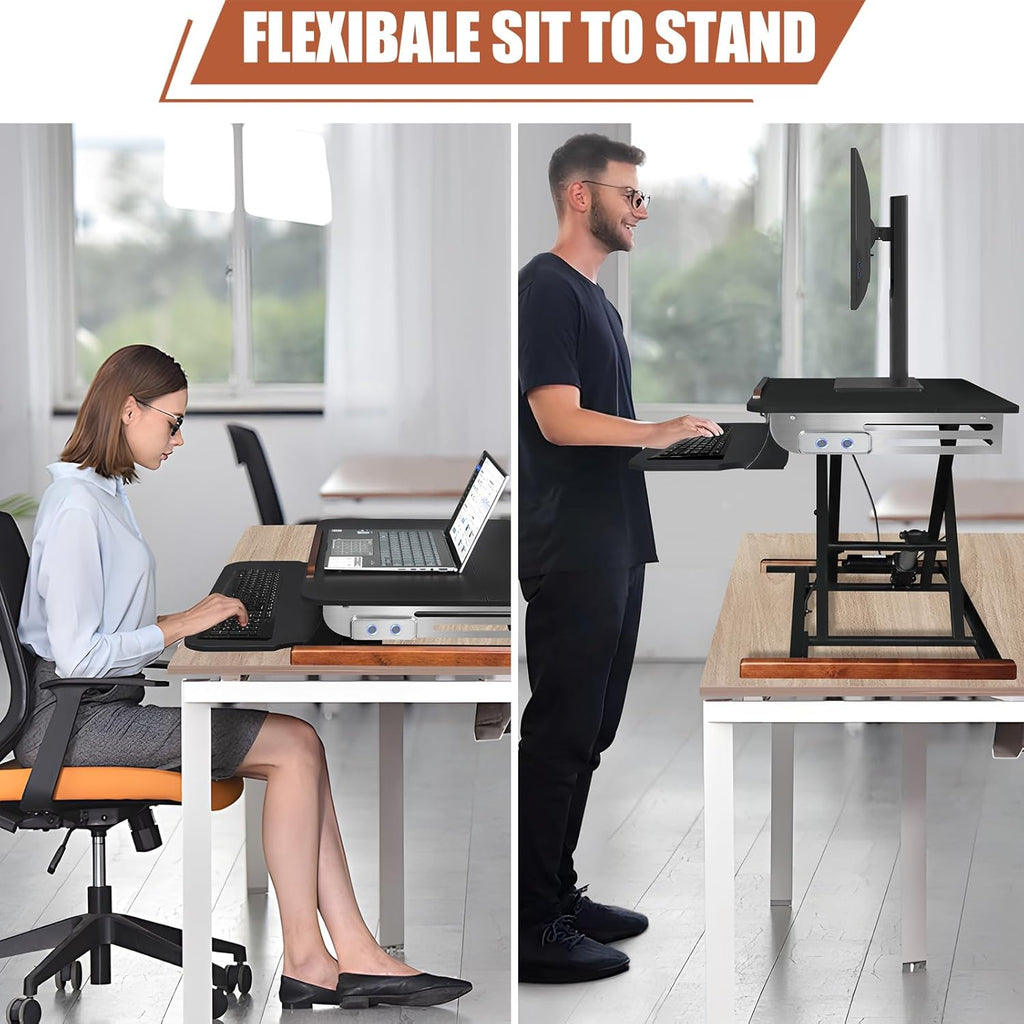26 Inch Electric Standing Desk Converter with Tilting Tabletop, Height Adjustable Sit to Stand Desk Riser with Keyboard Tray, Small Computer Workstation with Elegant Side Cover and Wooden Bars