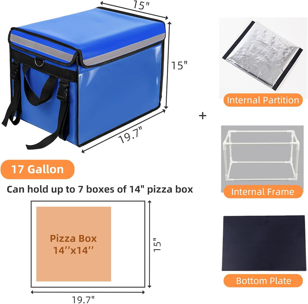 TooCust Insulated Bags For Food Delivery XXL-19.7"x15"x15", Commercial Insulated Food Delivery Bag w/Divider, Waterproof & Foldable Catering Bag Food Deliveries, Delivery Pizza Bags 14 Inches, Blue