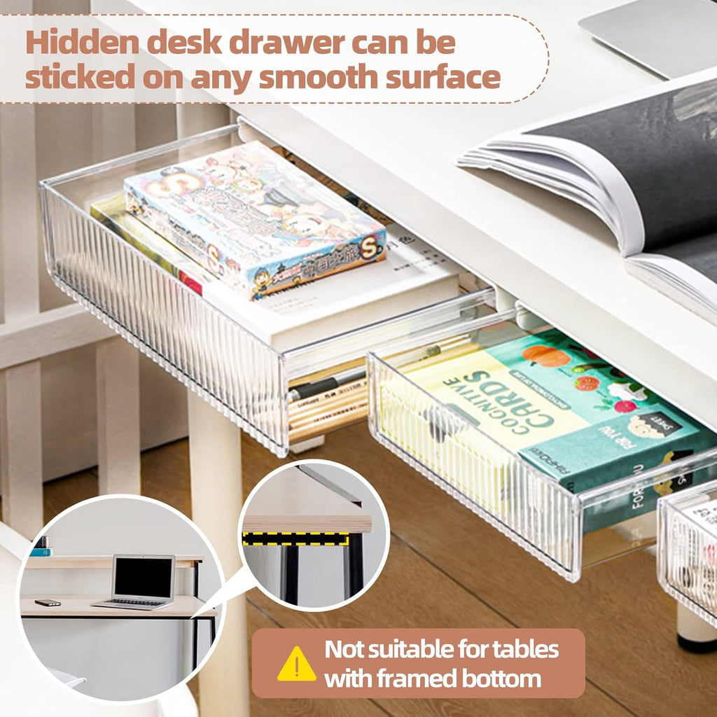 2Pcs Under Desk Storage Drawers Slide Out,Large&Medium,Stick On Desk Drawer Under Desk,Under Desk Organizer Hidden Under Table Drawer for Home Office School Organization and Storage-Transparent White