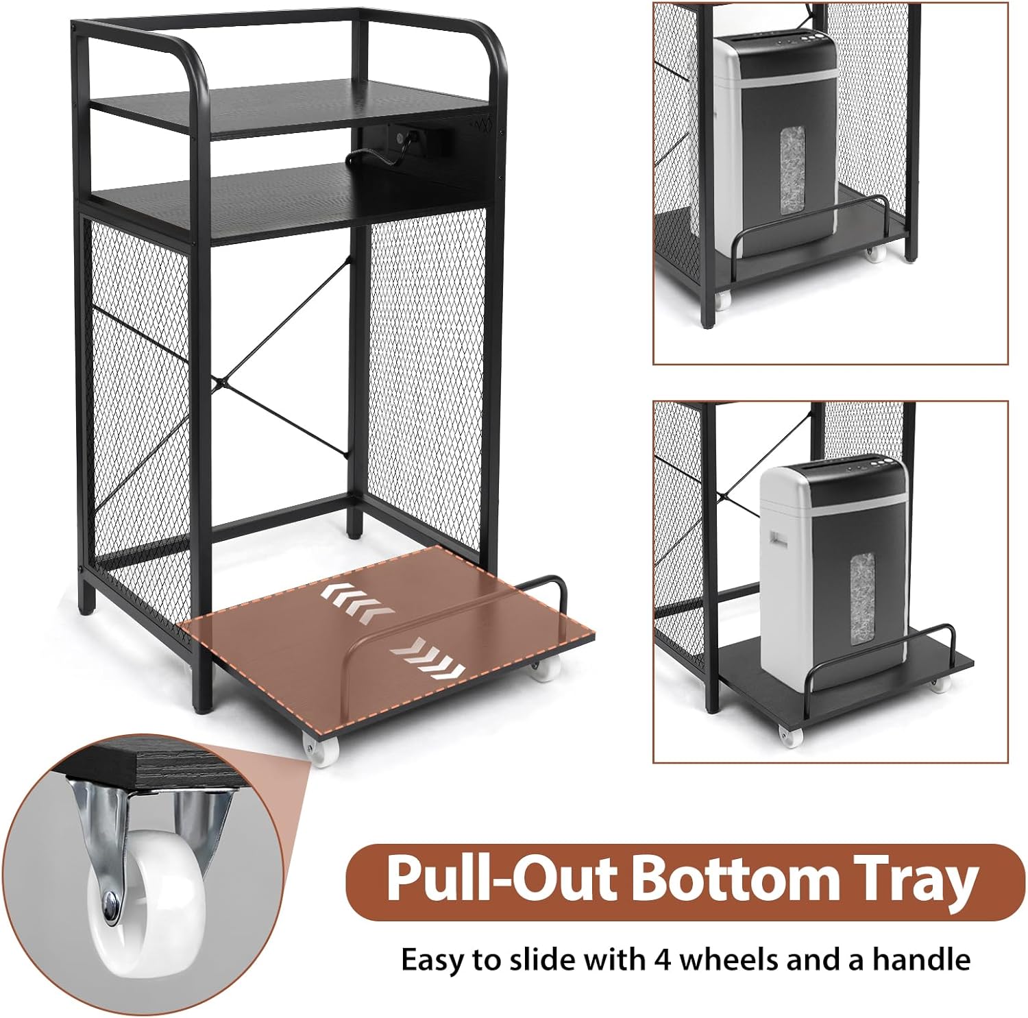 3-Tier Printer Stand with Pull out Shelf for Shredder,20" L x 14" W x 34" H Floor-Standing Desk Side Shredder Stand,Printer Stand with Storage and Power Outlet,Office Storage Shelf Rack for Fax