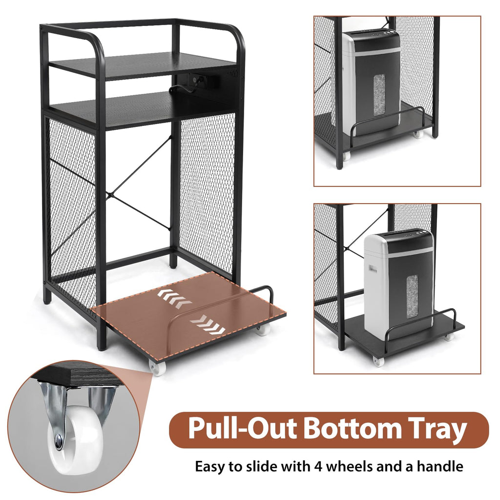 3-Tier Printer and Shredder Stand with Pull Out Shelf, 20" L x 14" W x 34" H Floor-Standing Printer Shredder Stand with Power Outlet, Printer Stand with Shredder Storage, Office Storage Rack