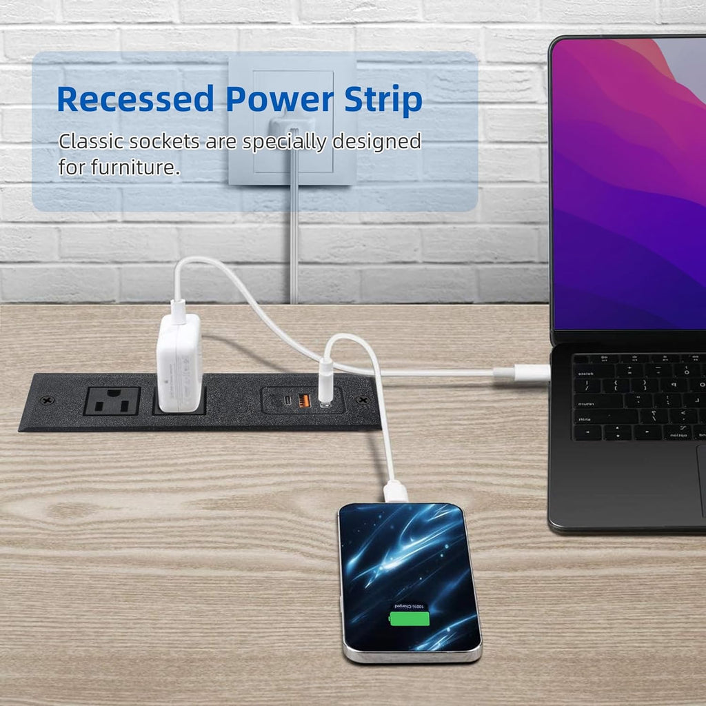 TOOCUST Recessed Power Strip with USB C Port, Desk Outlet with 3 USB Ports, Conference Drawer Outlet with 2 AC Plugs, Hidden Recessed Power Outlet Socket 6.56ft
