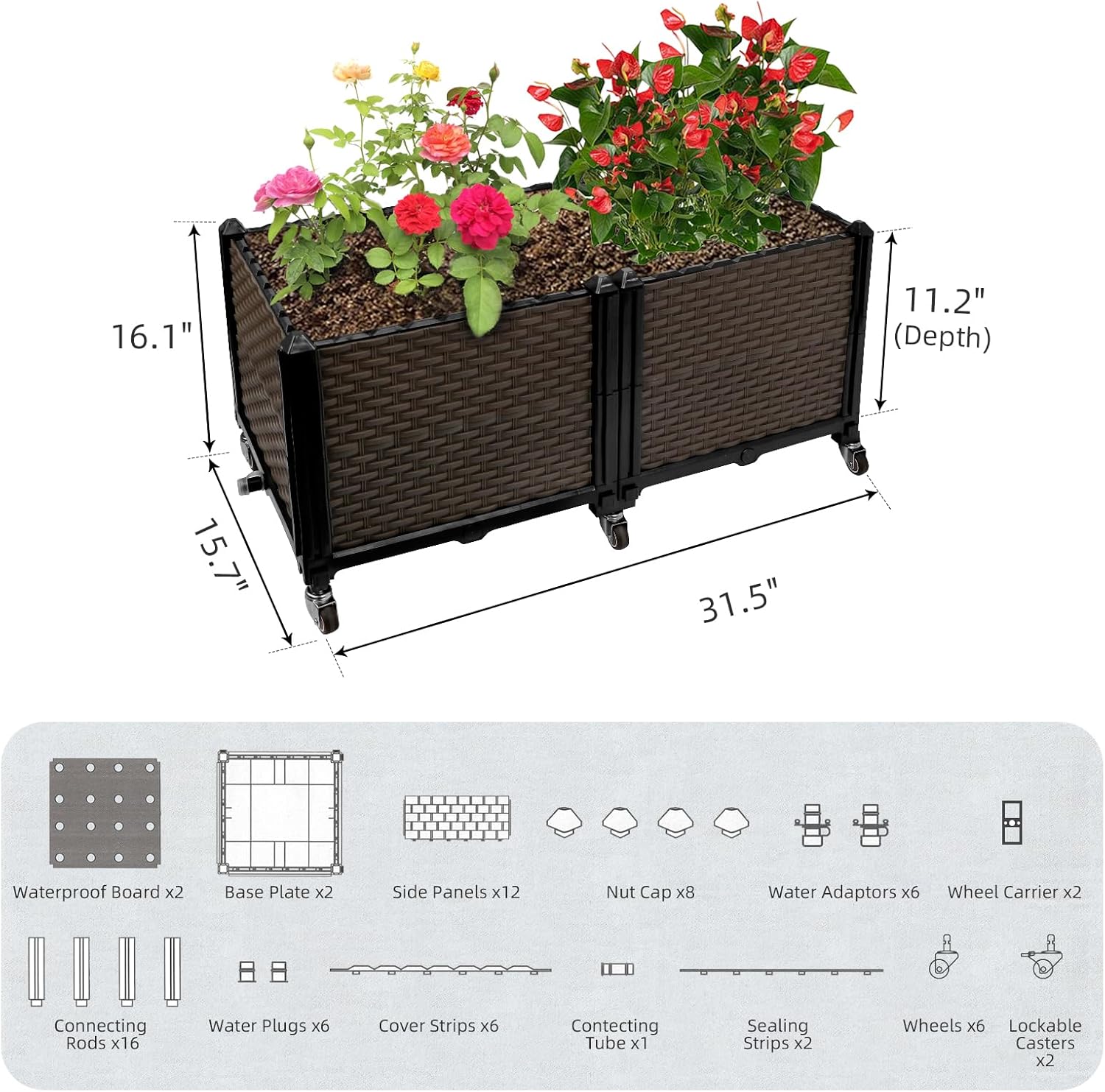 Raised Beds for Gardening with Wheels 31.5"x15.7"x16.1", Self Watering Outdoor Planters, Multiple Combinations & Lockable Casters, Rectangular Garden Planters For Outdoor Plants Flowers, Vegetables