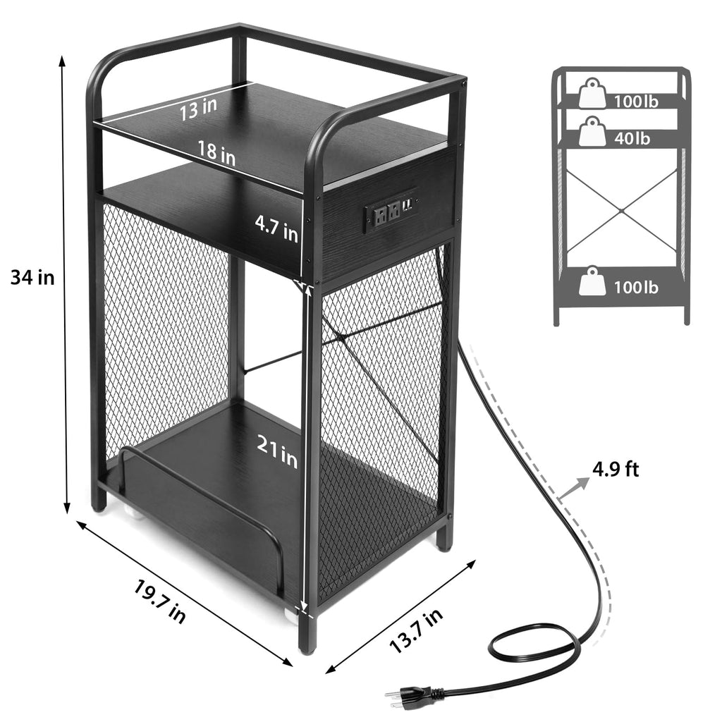 3-Tier Printer and Shredder Stand with Pull Out Shelf, 20" L x 14" W x 34" H Floor-Standing Printer Shredder Stand with Power Outlet, Printer Stand with Shredder Storage, Office Storage Rack