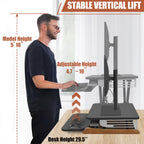 Electric Standing Desk Converter with Keyboard Tray, 26x16 Inch, Height Adjustable Sit to Stand Desk Riser with Unique Side Cover and Wooden Feet, Small Motorized Monitor Riser for Office & Home
