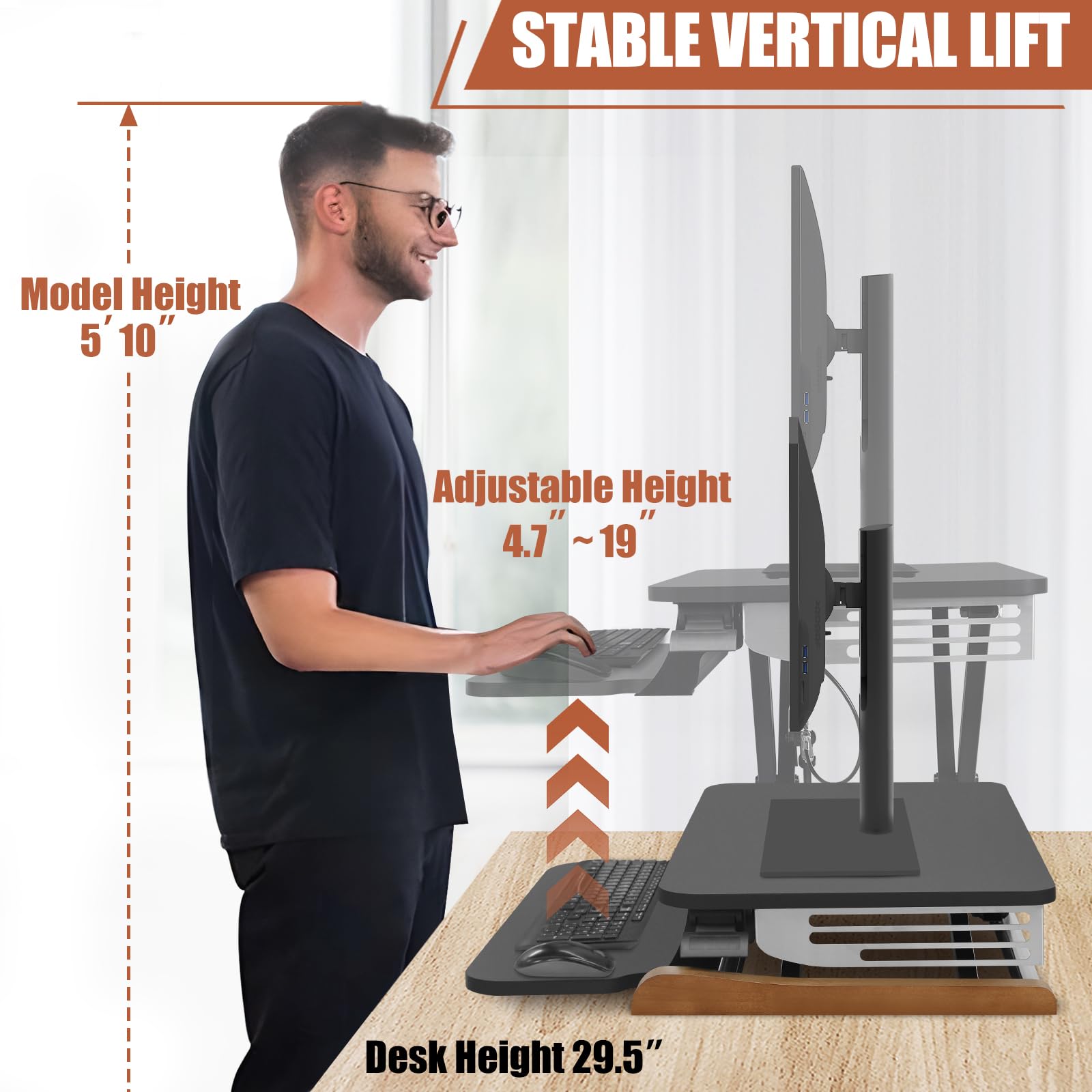 Electric Standing Desk Converter with Keyboard Tray, 26x16 Inch, Height Adjustable Sit to Stand Desk Riser with Unique Side Cover and Wooden Feet, Small Motorized Monitor Riser for Office & Home